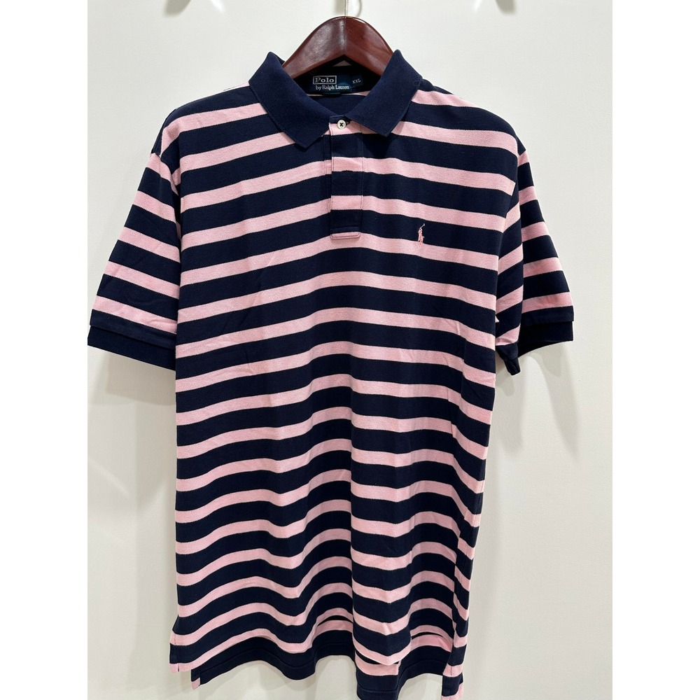 Polo Ralph Lauren Mens XXL Navy Blue Pink Striped Short Sleeve Pique Polo Shirt